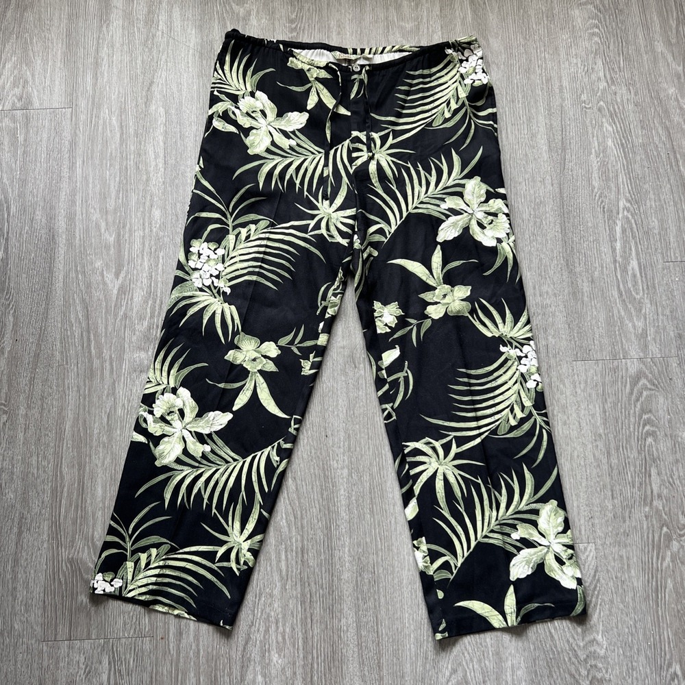 Tommy Bahama Pants Womens Black Silk Floral Lounge Drawstring Tropical M